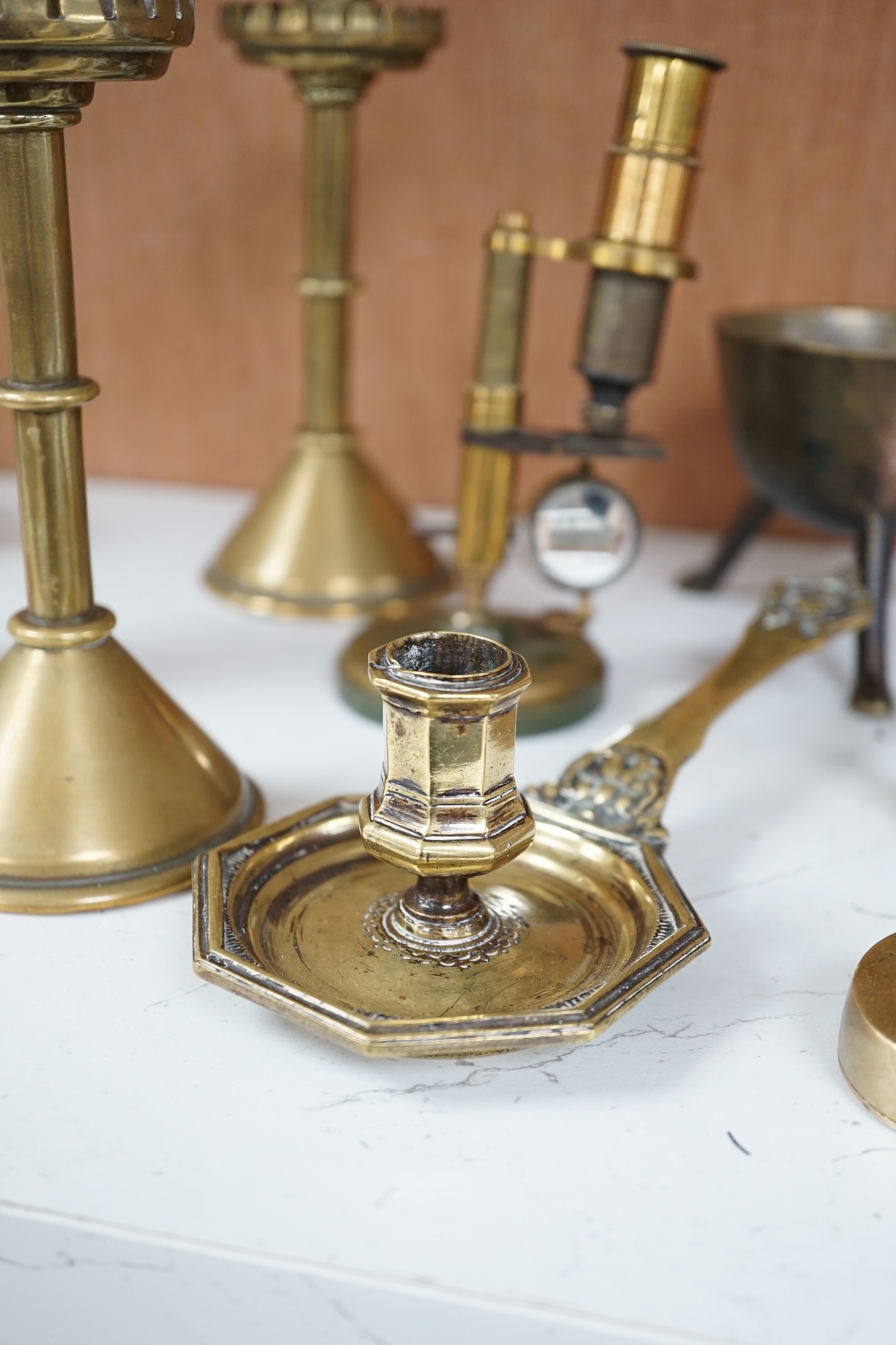 Metalware: to include 19th century vein-cutter, a pair of candlesticks, a candle holder, quaich etc., candlesticks 16cm high (11). Condition - fair